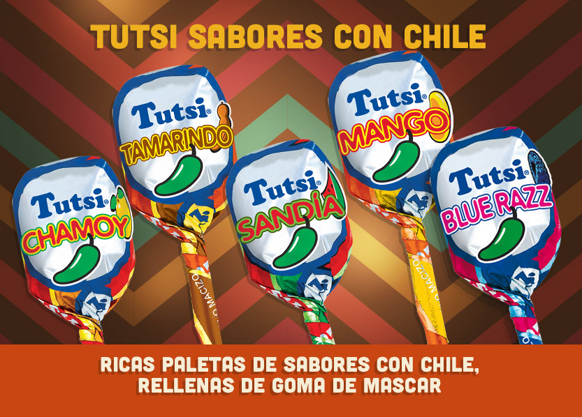 Surtido Tutsi Picositas, surtido de paletas tutsi Picositas de varios sabores: Chamoy, tamarindo, sandía, Mango y Blue razz